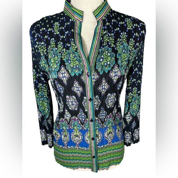 NICOLA Green & Black Multi Vintage Crinkle Scrunchie Blouse - Picture 1 of 5